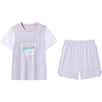 特步童装女童运动套装夏季新款儿童篮球服两件套大童拼接短袖短裤