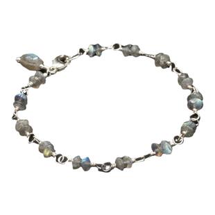 英国代购Labradorite◇手作复古拉长石宝石蓝光闪烁堆叠纯银手链