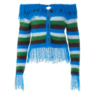 Y2K蓝色条纹撞色一字肩针织开衫2026秋冬新款辣妹流苏设计感毛衣