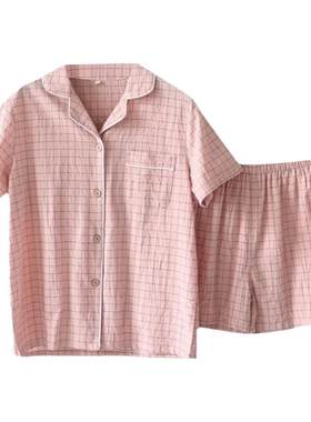 日系简约格子水洗棉布居家服睡衣