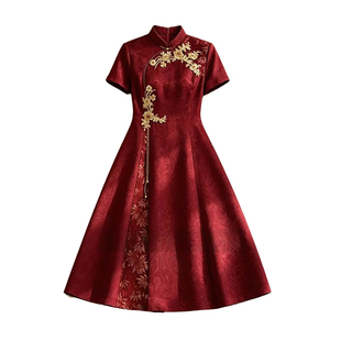 喜婆婆婚宴装年轻高级感婚礼妈妈礼服改良旗袍设计感红色连衣裙夏