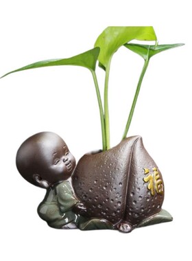 陶瓷禅意小花瓶创意小和尚水培绿萝花器复古茶道个性干花插花摆件