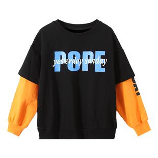 女童长袖t恤春秋薄款中大童洋气黑色假两件上衣儿童秋装卫衣宽松