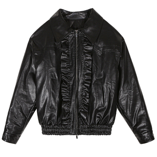 今屿花花  皮衣女款2025新款黑色保暖夹棉外套小个子机车服木耳边