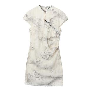 韩雨嘉新中式水墨印花连衣裙女夏季收腰显瘦a字裙改良旗袍国风裙