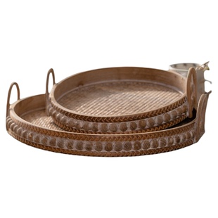 藤编实木托盘手工复古香水圆形收纳筐把手化妆品果盘民宿北欧竹编