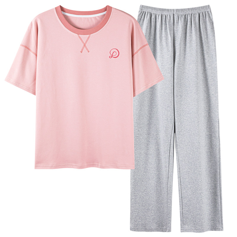 睡衣女夏季纯棉简约圆领短袖长裤