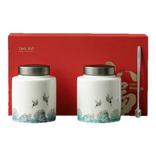 领艺祥鹤观海茶叶罐德化白瓷锡盖密封罐家用防潮存陶瓷储物罐
