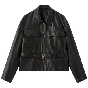 【秀场同款】太平鸟黑银时代锋姿真皮皮衣短款风衣版A1BDF4144*