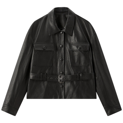 【秀场同款】太平鸟黑银时代锋姿真皮皮衣短款风衣版A1BDF4144*