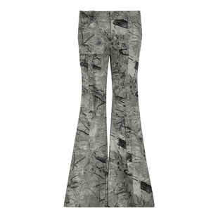 FUNOFF美式复古灰色工装低腰微喇牛仔裤女街头轻亚多口袋修身长裤