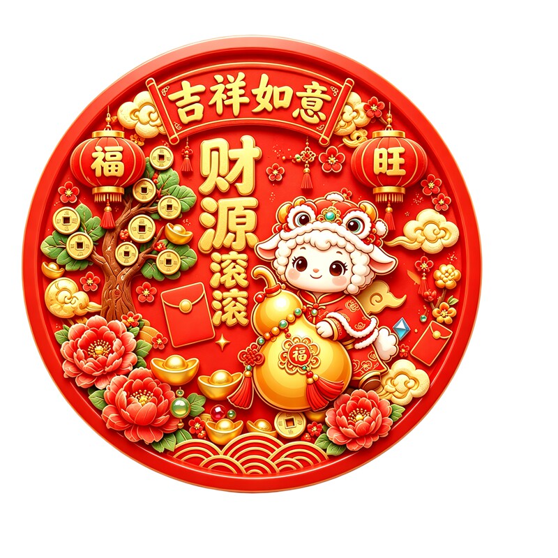 羊年财源滚滚圆形墙贴贴舞狮小羊金葫芦牡丹元宝过年自粘门贴贴画