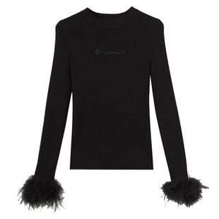 DPLAY2026春季新款黑色针织衫女独特羽毛设计长袖上衣修身打底衫