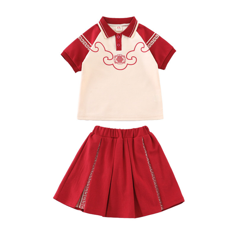 夏季小学生校服春秋幼儿园服学院中国风运动红色短袖套装儿童班服