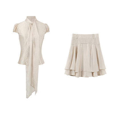 RedBling 原创设计甜美风雪纺套装修身短袖上衣搭配裙子两件套女