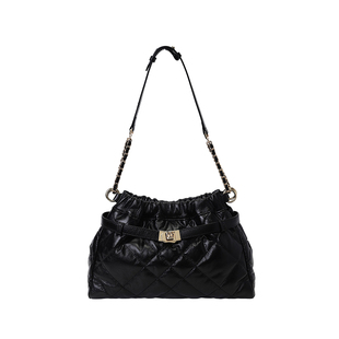 南风AH 高端系列真皮托特包 黑色菱格褶皱包包女款复古单肩斜挎包