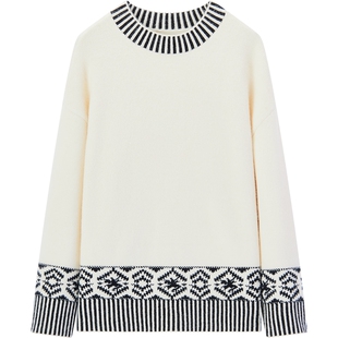 爱居兔黑白撞色提花针织衫2025年冬季新款舒适慵懒带帽子休闲毛衣