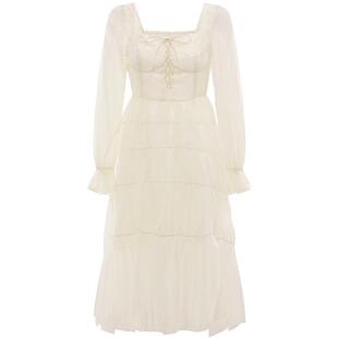 乐町温柔网纱连衣裙女装春夏法式方领不规则长裙长袖甜美仙女裙