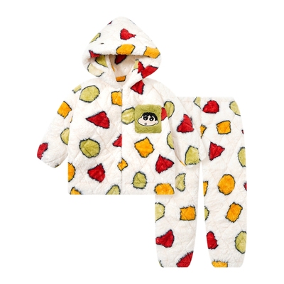 蜡笔加厚三层夹棉睡衣男童冬季珊瑚男孩大童青少年亲子家居服套装