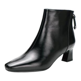 COMELY康莉2025粗跟方头真皮后拉链时装靴短靴裸靴女靴子KYQ58653