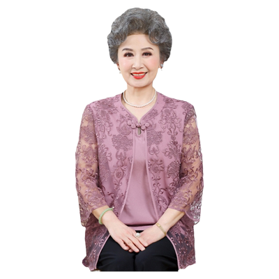 老年人女夏装套装假两件T恤上衣