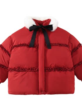 女童红色羽绒服新年可拆卸毛领系带加厚保暖外套小个子减龄