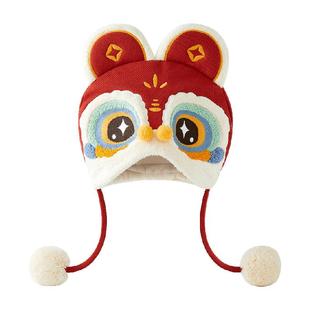 微狮牧尼婴儿虎头帽秋冬季夹棉保暖胎帽宝宝过年拜年红色护耳帽子