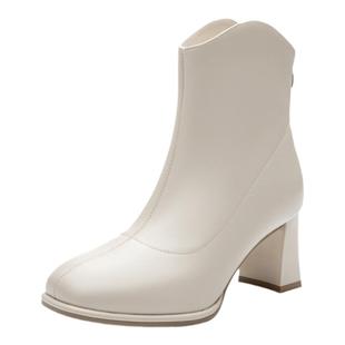 大东法式白色短靴女2025新款秋冬加绒粗跟高跟靴子方头裸靴瘦瘦靴