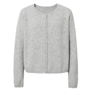 伊芙丽全羊毛miu系百搭针织开衫镂空设计上衣女2025秋季新款