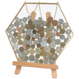 六边形硬币展示框收藏金属相框玻璃透明装饰收纳简约复古画框摆件