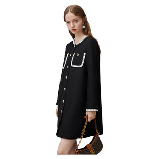 dfvc春季黑色小香风连衣裙女2026新款撞色宽松直筒小个子小黑裙子