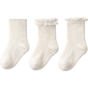 喜得瑞儿童白色袜子春秋纯棉女童松口花边袜春夏女宝宝无骨中筒袜