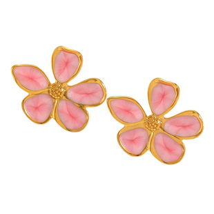 春日私语复古五瓣花饰金边耳钉欧美不锈钢异形花朵滴油钛钢耳饰女