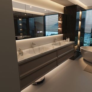 意式 极简岩板热弯一体盆实木浴室柜组合洗手池卫生间洗脸盆洗漱台