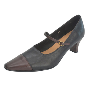 步享小众复古一字带玛丽珍鞋女优雅箭头拼接粗跟中跟真皮浅口单鞋