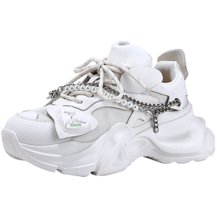 BellaLily新款珍珠串链老爹鞋女增高小白鞋牛皮松糕鞋子