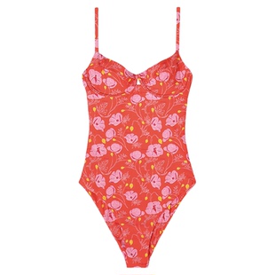 Limone高级感红色连体泳衣原创遮肚设计感印花泳装海边度假风女士