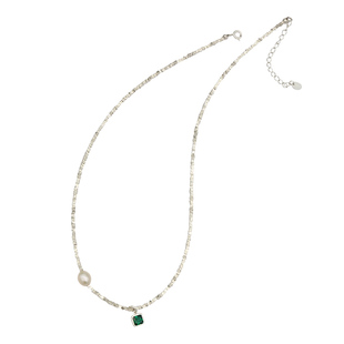 祖母绿方锆石碎银几两项链S925银天然珍珠锁骨链通勤轻奢小众复古