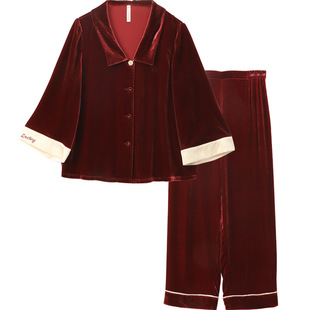 为秋冬而生 金三塔桑蚕丝红丝绒睡衣套装女士慵懒感家居服可外穿