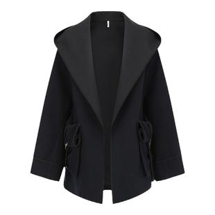 【deepmoss】休闲时尚女装复古潮流出街卷轴贴袋装饰连帽羊毛外套