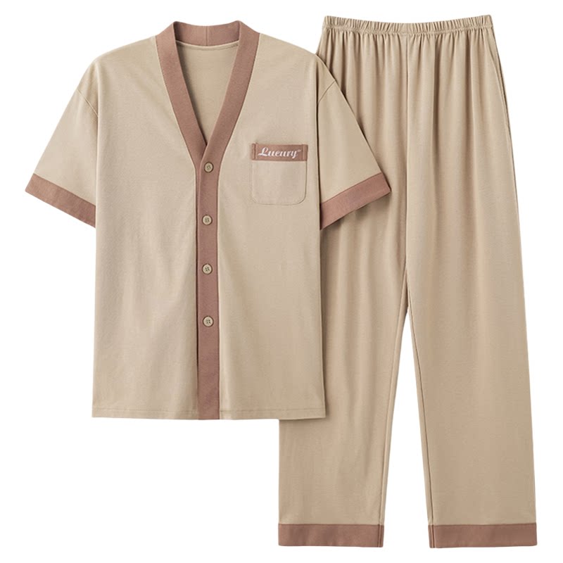 春秋夏季男士短袖长裤开衫家居服