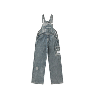 LAMLICKA潮牌腰果花印花牛仔背带裤男女新款工装多口袋拖地裤宽松