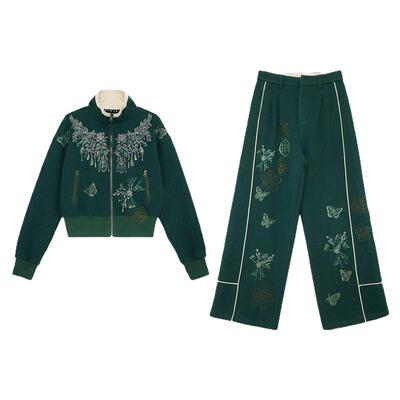 TCH时髦复古潮酷蝴蝶烫钻立领拉链外套女阔腿裤套装T75D07E1141