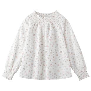 女童清新森系碎花衬衫秋新款儿童透气高支棉圆领白色长袖上衣
