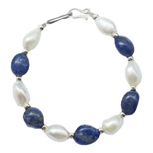 青黛/天然随形青金石巴洛克异形淡水珍珠手链 纯银串珠设计高贵女