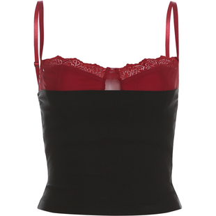 KLIOU 热辣甜酷风撞色蕾丝拼接吊带背心女显瘦高腰露脐假两件上衣