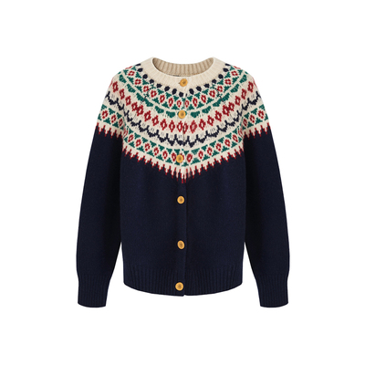 范洛100%羊毛重工提花毛衣开衫女