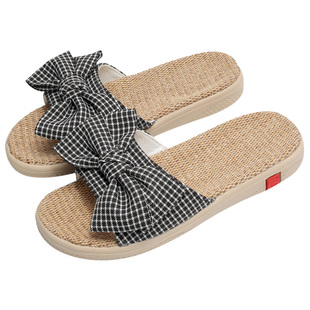 韩版甜美千鸟格蝴蝶结亚麻拖鞋女室内轻便轻声布艺可爱防滑家用夏