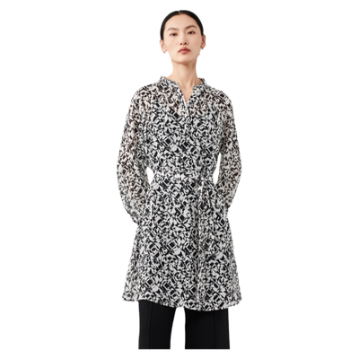 OTT夏季新品宽松A版真丝印花长袖连衣裙真两件裙子女装