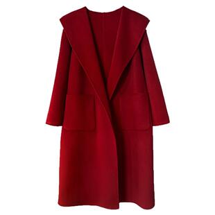 红色羊毛大衣连帽双面毛呢外套女2026新款高级感宽松呢子大码女装